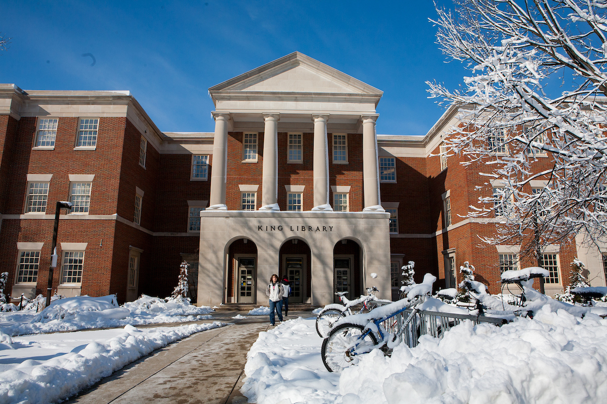 front of King Library in winter
