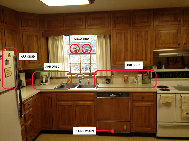 a kitchen with coding tags marked