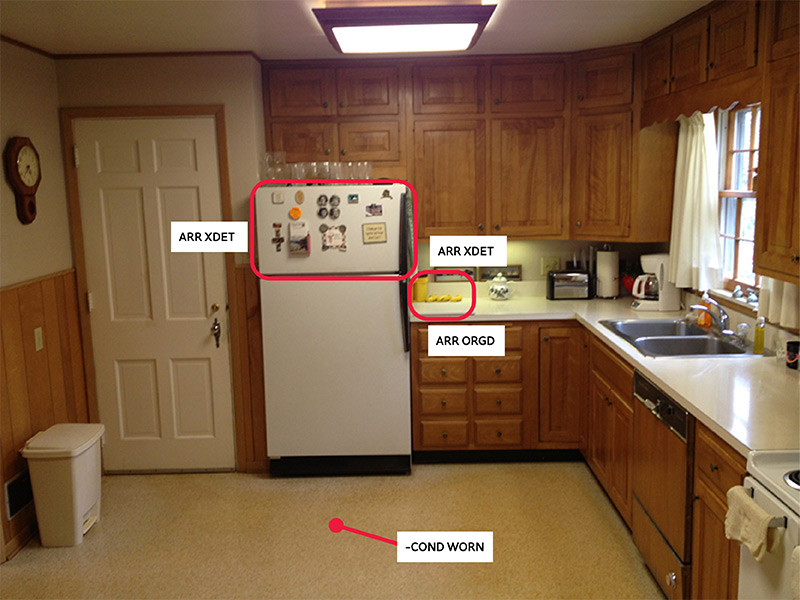 a kitchen with coding tags marked